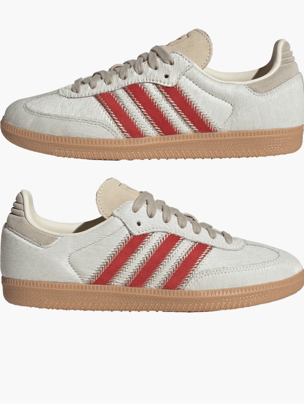 adidas Womens White Sneakers with Red Stripes and Gum Sole
